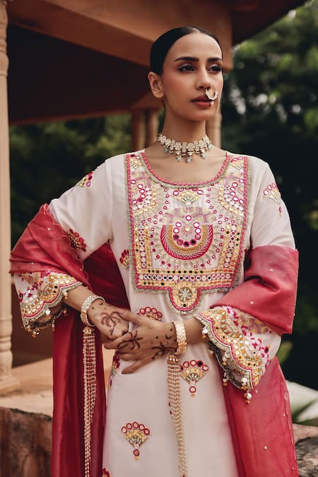 Shop Ajiesh Oberoi Ivory Tissue Mirrors, Embroidery, Sequins Round Noorani Grace Kurta Salwar Set Online at Aza Fashions Shop_Ajiesh Oberoi_Ivory Tissue Mirrors, Embroidery, Sequins Round Noorani Grace Kurta Salwar Set _Online_at_Aza_Fashions