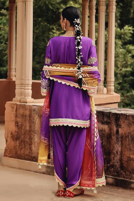 Shop Ajiesh Oberoi Purple Silk, Organza Embroidery, Mirrors, Metallic Thread, Mehfil Dhoti Pant Set at Aza Fashions Shop_Ajiesh Oberoi_Purple Silk, Organza Embroidery, Mirrors, Metallic Thread, Mehfil Dhoti Pant Set _at_Aza_Fashions