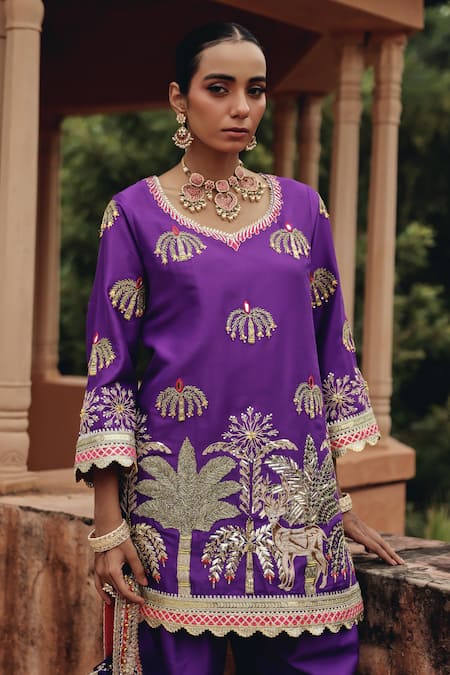 Shop Ajiesh Oberoi Purple Silk, Organza Embroidery, Mirrors, Metallic Thread, Mehfil Dhoti Pant Set Online at Aza Fashions Shop_Ajiesh Oberoi_Purple Silk, Organza Embroidery, Mirrors, Metallic Thread, Mehfil Dhoti Pant Set _Online_at_Aza_Fashions