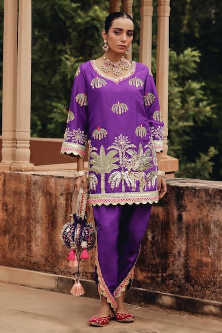 Ajiesh Oberoi Purple Silk, Organza Embroidery, Mirrors, Metallic Thread, Mehfil Dhoti Pant Set at Aza Fashions Ajiesh Oberoi_Purple Silk, Organza Embroidery, Mirrors, Metallic Thread, Mehfil Dhoti Pant Set _at_Aza_Fashions