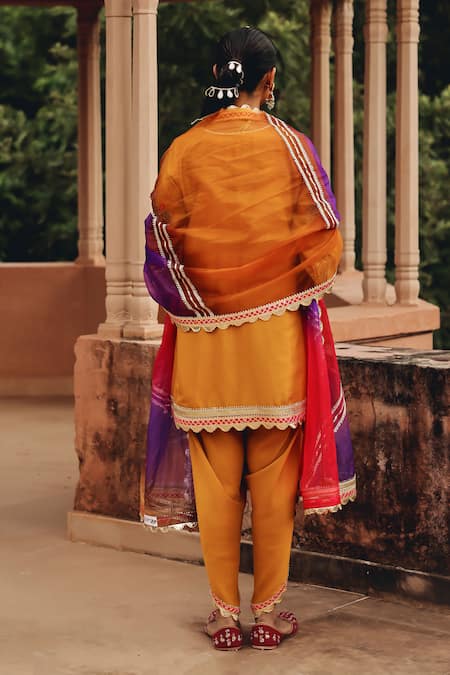 Shop Ajiesh Oberoi Mustard Silk, Organza Embroidery, Mirrors, Metallic Mehfil Kurta Dhoti Pant Set at Aza Fashions Shop_Ajiesh Oberoi_Mustard Silk, Organza Embroidery, Mirrors, Metallic Mehfil Kurta Dhoti Pant Set _at_Aza_Fashions