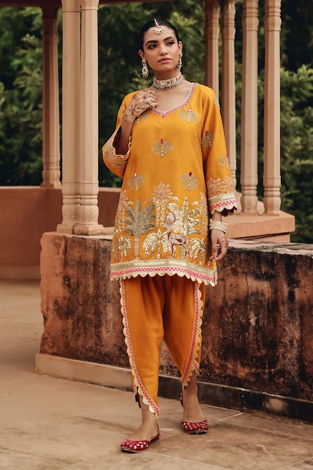 Ajiesh Oberoi Mustard Silk, Organza Embroidery, Mirrors, Metallic Mehfil Kurta Dhoti Pant Set Online at Aza Fashions Ajiesh Oberoi_Mustard Silk, Organza Embroidery, Mirrors, Metallic Mehfil Kurta Dhoti Pant Set _Online_at_Aza_Fashions
