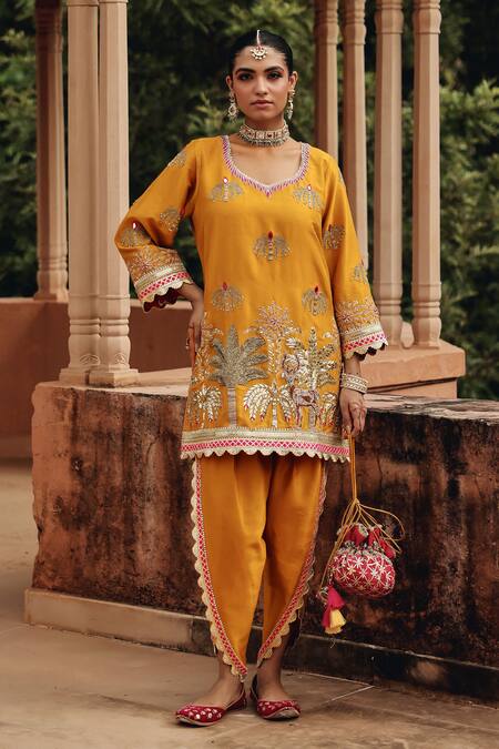 Buy Ajiesh Oberoi Mustard Silk, Organza Embroidery, Mirrors, Metallic Mehfil Kurta Dhoti Pant Set Online at Aza Fashions Buy_Ajiesh Oberoi_Mustard Silk, Organza Embroidery, Mirrors, Metallic Mehfil Kurta Dhoti Pant Set _Online_at_Aza_Fashions
