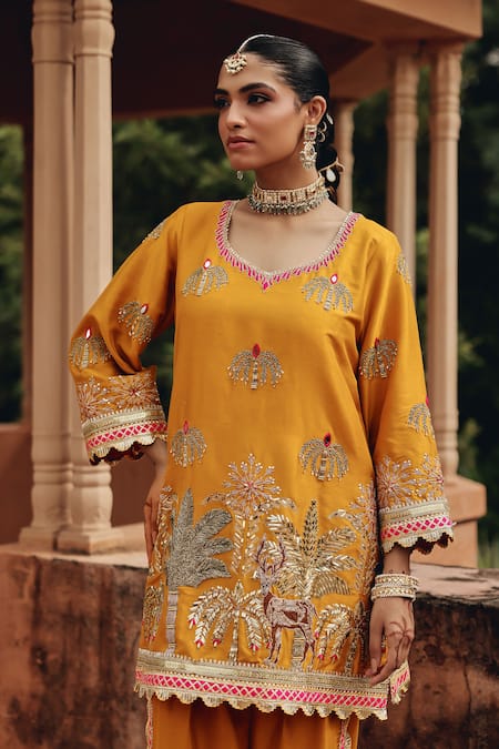 Shop Ajiesh Oberoi Mustard Silk, Organza Embroidery, Mirrors, Metallic Mehfil Kurta Dhoti Pant Set Online at Aza Fashions Shop_Ajiesh Oberoi_Mustard Silk, Organza Embroidery, Mirrors, Metallic Mehfil Kurta Dhoti Pant Set _Online_at_Aza_Fashions