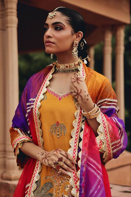Buy Ajiesh Oberoi Mustard Silk, Organza Embroidery, Mirrors, Metallic Mehfil Kurta Dhoti Pant Set Buy_Ajiesh Oberoi_Mustard Silk, Organza Embroidery, Mirrors, Metallic Mehfil Kurta Dhoti Pant Set