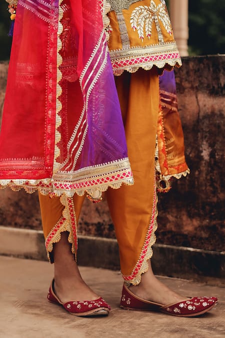 Shop Ajiesh Oberoi Mustard Silk, Organza Embroidery, Mirrors, Metallic Mehfil Kurta Dhoti Pant Set Shop_Ajiesh Oberoi_Mustard Silk, Organza Embroidery, Mirrors, Metallic Mehfil Kurta Dhoti Pant Set