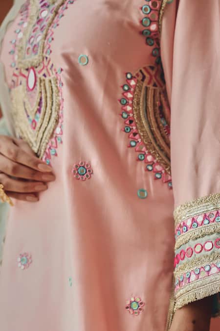 Ajiesh Oberoi Pink Silk, Tissue Mirrors, Beads, Embroidery, Sequins Sahar Kurta Salwar Set Online at Aza Fashions Ajiesh Oberoi_Pink Silk, Tissue Mirrors, Beads, Embroidery, Sequins Sahar Kurta Salwar Set _Online_at_Aza_Fashions