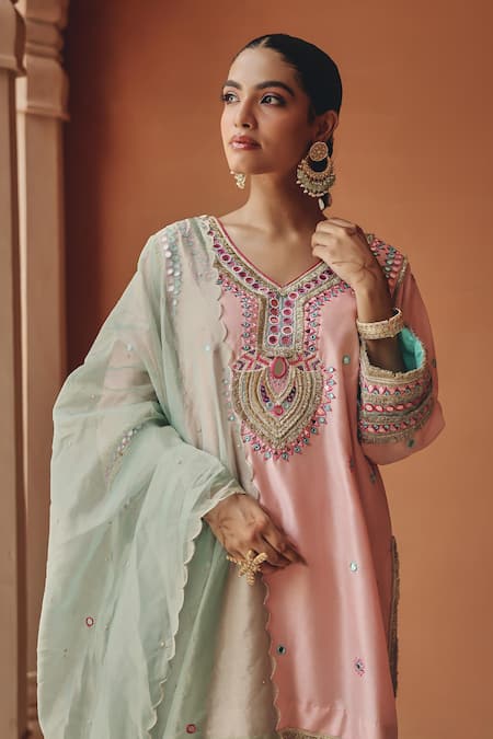 Buy Ajiesh Oberoi Pink Silk, Tissue Mirrors, Beads, Embroidery, Sequins Sahar Kurta Salwar Set Online at Aza Fashions Buy_Ajiesh Oberoi_Pink Silk, Tissue Mirrors, Beads, Embroidery, Sequins Sahar Kurta Salwar Set _Online_at_Aza_Fashions