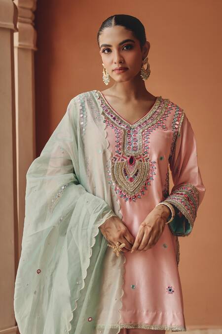Shop Ajiesh Oberoi Pink Silk, Tissue Mirrors, Beads, Embroidery, Sequins Sahar Kurta Salwar Set Online at Aza Fashions Shop_Ajiesh Oberoi_Pink Silk, Tissue Mirrors, Beads, Embroidery, Sequins Sahar Kurta Salwar Set _Online_at_Aza_Fashions