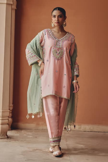Ajiesh Oberoi Pink Silk, Tissue Mirrors, Beads, Embroidery, Sequins Sahar Kurta Salwar Set 