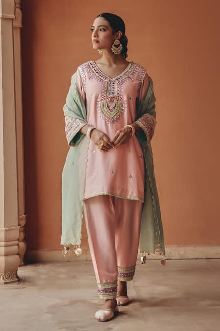 Buy Ajiesh Oberoi Pink Silk, Tissue Mirrors, Beads, Embroidery, Sequins Sahar Kurta Salwar Set Buy_Ajiesh Oberoi_Pink Silk, Tissue Mirrors, Beads, Embroidery, Sequins Sahar Kurta Salwar Set