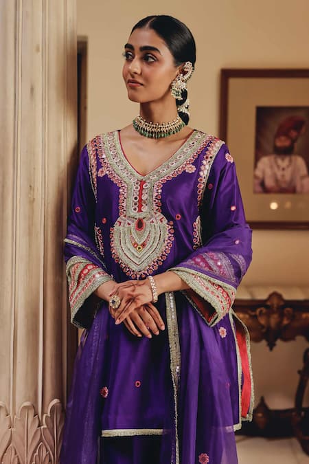 Ajiesh Oberoi Purple Silk, Tissue Mirrors, Beads, Embroidery, Sequins Sahar Kurta Salwar Set Online at Aza Fashions Ajiesh Oberoi_Purple Silk, Tissue Mirrors, Beads, Embroidery, Sequins Sahar Kurta Salwar Set _Online_at_Aza_Fashions