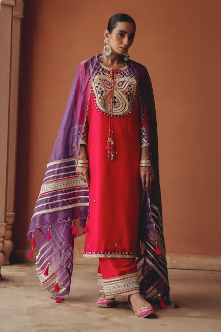 Ajiesh Oberoi Pink Tissue Mirrors, Embroidery, Sequins, Beads, Noor-e-gulabi Kurta Pant Set 