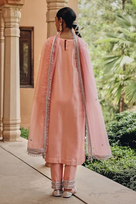 Shop Ajiesh Oberoi Peach Silk, Organza Mirrors, Gota Patti, Beads Noor-e-saheli Kurta Pant Set at Aza Fashions Shop_Ajiesh Oberoi_Peach Silk, Organza Mirrors, Gota Patti, Beads Noor-e-saheli Kurta Pant Set _at_Aza_Fashions