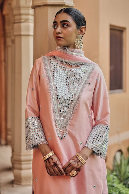 Shop Ajiesh Oberoi Peach Silk, Organza Mirrors, Gota Patti, Beads Noor-e-saheli Kurta Pant Set Online at Aza Fashions Shop_Ajiesh Oberoi_Peach Silk, Organza Mirrors, Gota Patti, Beads Noor-e-saheli Kurta Pant Set _Online_at_Aza_Fashions