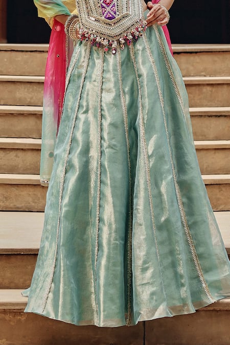 Ajiesh Oberoi_Green Tissue, Organza Gota Patti, Mirrors, Rang Rasaiya Panelled Lehenga Set _Online_at_Aza_Fashions