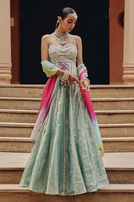 Ajiesh Oberoi Green Tissue, Organza Gota Patti, Mirrors, Rang Rasaiya Panelled Lehenga Set 