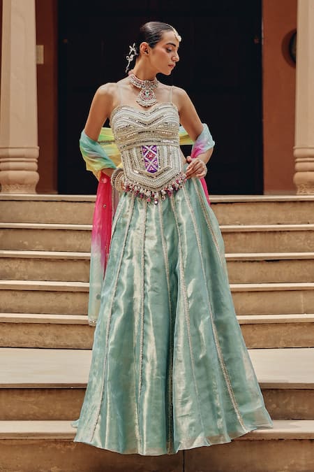 Buy_Ajiesh Oberoi_Green Tissue, Organza Gota Patti, Mirrors, Rang Rasaiya Panelled Lehenga Set _Online_at_Aza_Fashions