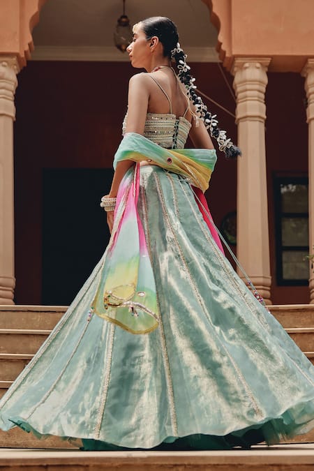 Shop_Ajiesh Oberoi_Green Tissue, Organza Gota Patti, Mirrors, Rang Rasaiya Panelled Lehenga Set _Online_at_Aza_Fashions