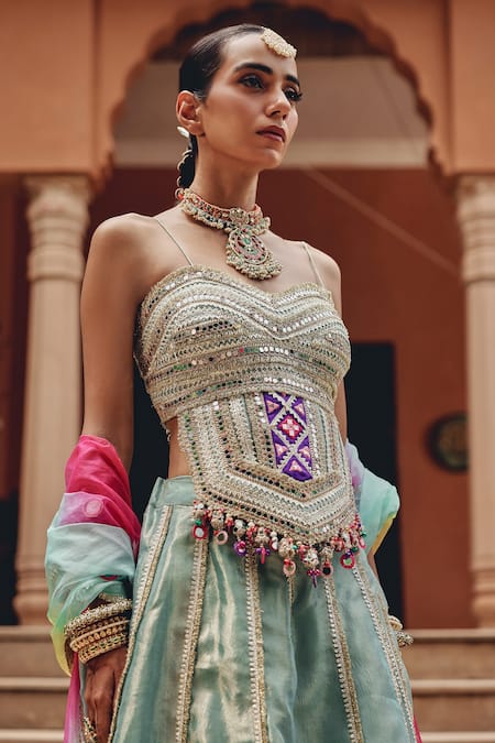 Ajiesh Oberoi_Green Tissue, Organza Gota Patti, Mirrors, Rang Rasaiya Panelled Lehenga Set _at_Aza_Fashions