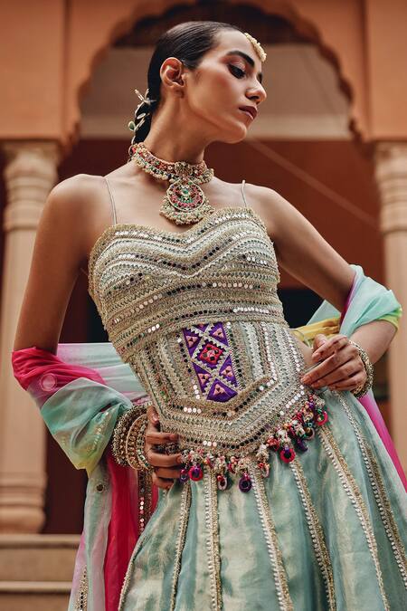 Buy_Ajiesh Oberoi_Green Tissue, Organza Gota Patti, Mirrors, Rang Rasaiya Panelled Lehenga Set 