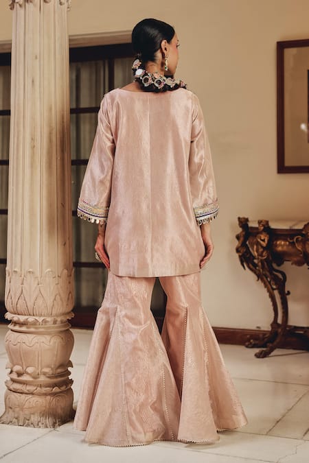 Shop Ajiesh Oberoi Rose Gold Tissue Embroidery, Mirrors, Gota Patti, Gulnaz Kurta With Sharara at Aza Fashions Shop_Ajiesh Oberoi_Rose Gold Tissue Embroidery, Mirrors, Gota Patti, Gulnaz Kurta With Sharara _at_Aza_Fashions