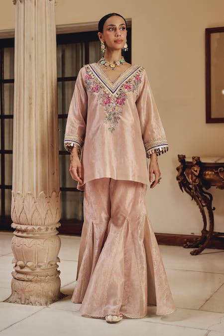 Buy Ajiesh Oberoi Rose Gold Tissue Embroidery, Mirrors, Gota Patti, Gulnaz Kurta With Sharara Online at Aza Fashions Buy_Ajiesh Oberoi_Rose Gold Tissue Embroidery, Mirrors, Gota Patti, Gulnaz Kurta With Sharara _Online_at_Aza_Fashions