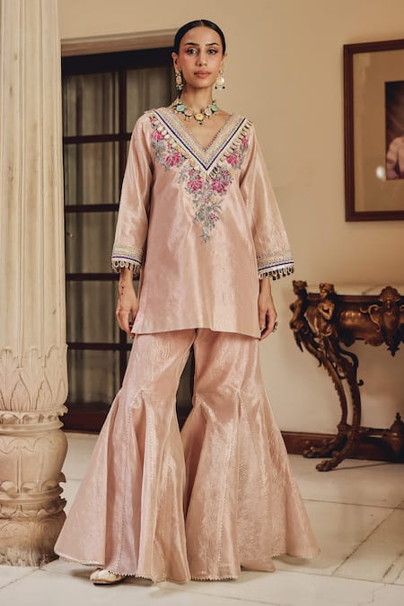 Ajiesh Oberoi Rose Gold Tissue Embroidery, Mirrors, Gota Patti, Gulnaz Kurta With Sharara 