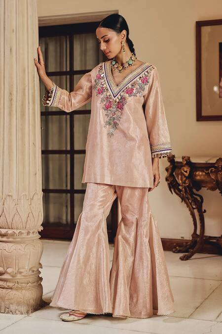 Shop Ajiesh Oberoi Rose Gold Tissue Embroidery, Mirrors, Gota Patti, Gulnaz Kurta With Sharara Online at Aza Fashions Shop_Ajiesh Oberoi_Rose Gold Tissue Embroidery, Mirrors, Gota Patti, Gulnaz Kurta With Sharara _Online_at_Aza_Fashions
