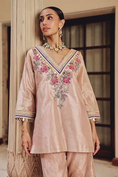 Ajiesh Oberoi Rose Gold Tissue Embroidery, Mirrors, Gota Patti, Gulnaz Kurta With Sharara at Aza Fashions Ajiesh Oberoi_Rose Gold Tissue Embroidery, Mirrors, Gota Patti, Gulnaz Kurta With Sharara _at_Aza_Fashions