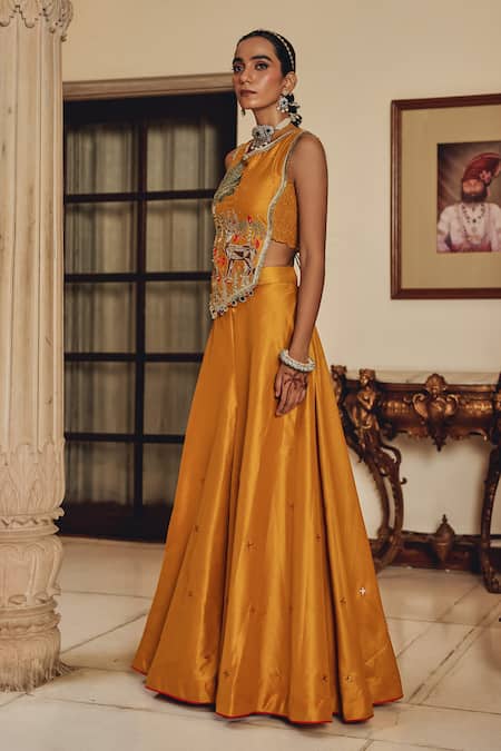 Ajiesh Oberoi Mustard Silk Zari, Mirrors, Embroidery Shira Sleeveless Blouse With Sharara Online at Aza Fashions Ajiesh Oberoi_Mustard Silk Zari, Mirrors, Embroidery Shira Sleeveless Blouse With Sharara _Online_at_Aza_Fashions