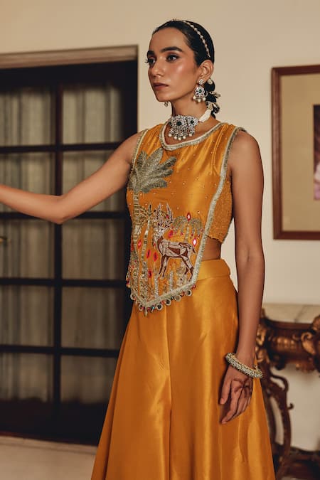 Shop Ajiesh Oberoi Mustard Silk Zari, Mirrors, Embroidery Shira Sleeveless Blouse With Sharara Online at Aza Fashions Shop_Ajiesh Oberoi_Mustard Silk Zari, Mirrors, Embroidery Shira Sleeveless Blouse With Sharara _Online_at_Aza_Fashions