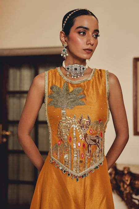 Ajiesh Oberoi Mustard Silk Zari, Mirrors, Embroidery Shira Sleeveless Blouse With Sharara at Aza Fashions Ajiesh Oberoi_Mustard Silk Zari, Mirrors, Embroidery Shira Sleeveless Blouse With Sharara _at_Aza_Fashions