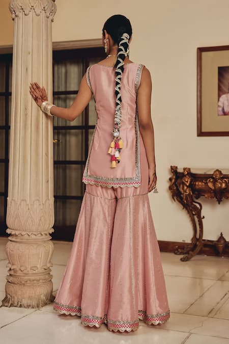 Shop_Ajiesh Oberoi_Pink Silk, Organza Embroidery, Mirrors, Gota Gulzaar Bali Kurta Sharara Set _at_Aza_Fashions