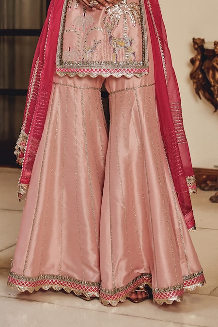 Ajiesh Oberoi_Pink Silk, Organza Embroidery, Mirrors, Gota Gulzaar Bali Kurta Sharara Set _Online_at_Aza_Fashions