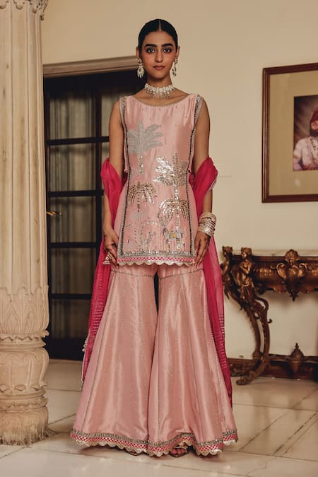 Shop_Ajiesh Oberoi_Pink Silk, Organza Embroidery, Mirrors, Gota Gulzaar Bali Kurta Sharara Set _Online_at_Aza_Fashions