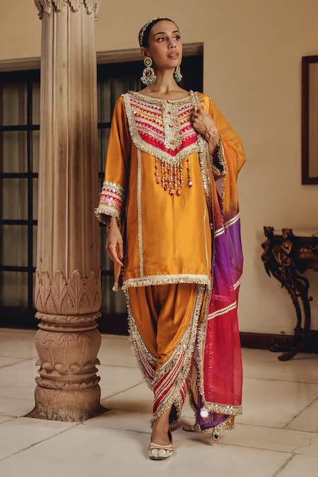 Buy_Ajiesh Oberoi_Mustard Silk, Organza Gota Patti, Mirrors, Ruhira Kurta Patiala Salwar Set _Online_at_Aza_Fashions