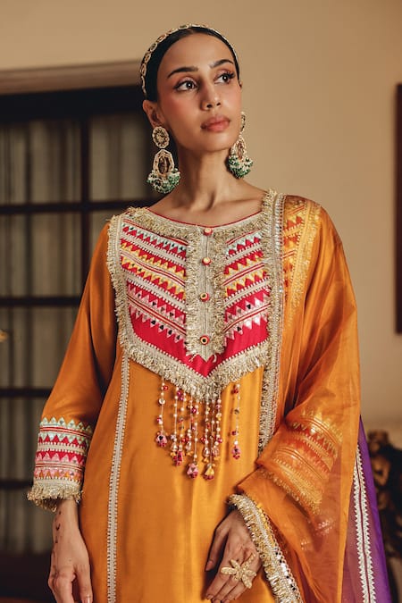 Shop_Ajiesh Oberoi_Mustard Silk, Organza Gota Patti, Mirrors, Ruhira Kurta Patiala Salwar Set _Online_at_Aza_Fashions