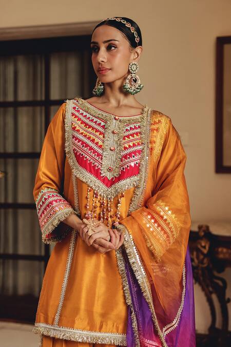 Ajiesh Oberoi_Mustard Silk, Organza Gota Patti, Mirrors, Ruhira Kurta Patiala Salwar Set _at_Aza_Fashions