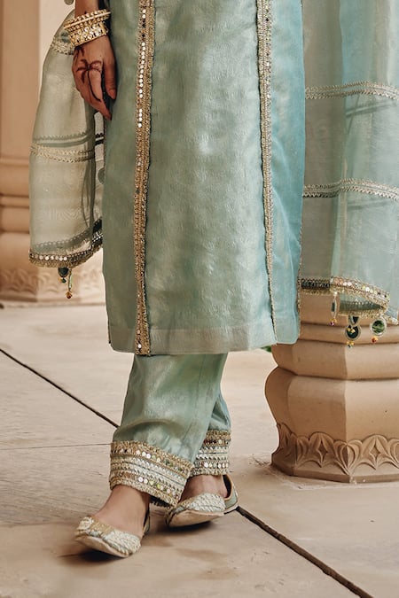 Ajiesh Oberoi Aqua Tissue Mirrors, Gota Patti, Sequins, Embroidery Noor-e-resham Kurta Set Online at Aza Fashions Ajiesh Oberoi_Aqua Tissue Mirrors, Gota Patti, Sequins, Embroidery Noor-e-resham Kurta Set _Online_at_Aza_Fashions