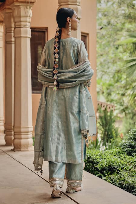Shop Ajiesh Oberoi Aqua Tissue Mirrors, Gota Patti, Sequins, Embroidery Noor-e-resham Kurta Set at Aza Fashions Shop_Ajiesh Oberoi_Aqua Tissue Mirrors, Gota Patti, Sequins, Embroidery Noor-e-resham Kurta Set _at_Aza_Fashions