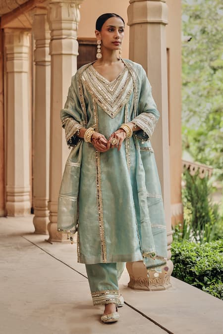 Buy Ajiesh Oberoi Aqua Tissue Mirrors, Gota Patti, Sequins, Embroidery Noor-e-resham Kurta Set Online at Aza Fashions Buy_Ajiesh Oberoi_Aqua Tissue Mirrors, Gota Patti, Sequins, Embroidery Noor-e-resham Kurta Set _Online_at_Aza_Fashions