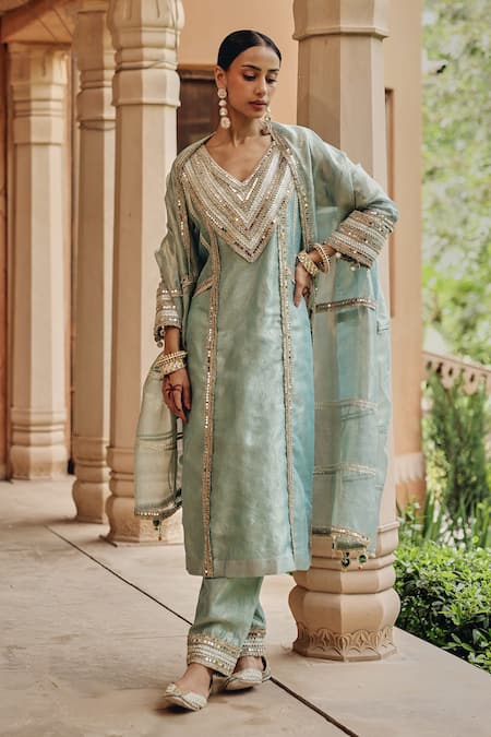 Ajiesh Oberoi Aqua Tissue Mirrors, Gota Patti, Sequins, Embroidery Noor-e-resham Kurta Set 