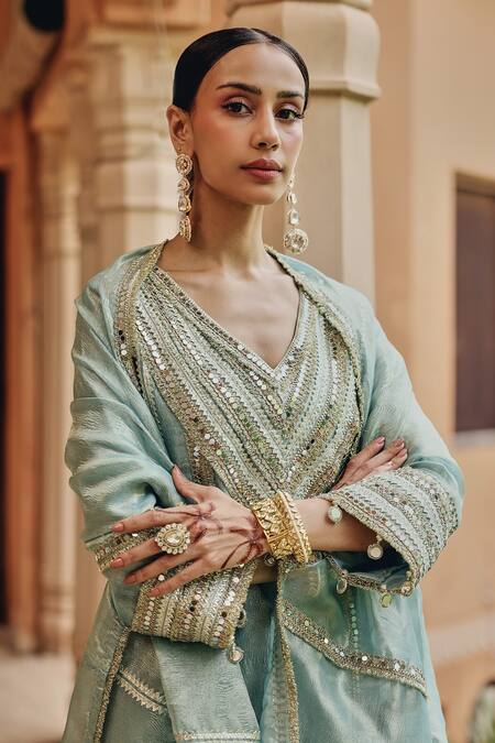 Shop Ajiesh Oberoi Aqua Tissue Mirrors, Gota Patti, Sequins, Embroidery Noor-e-resham Kurta Set Online at Aza Fashions Shop_Ajiesh Oberoi_Aqua Tissue Mirrors, Gota Patti, Sequins, Embroidery Noor-e-resham Kurta Set _Online_at_Aza_Fashions