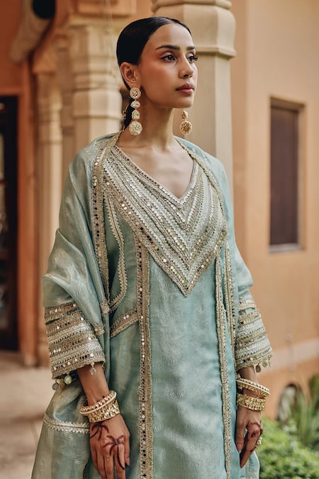 Ajiesh Oberoi Aqua Tissue Mirrors, Gota Patti, Sequins, Embroidery Noor-e-resham Kurta Set at Aza Fashions Ajiesh Oberoi_Aqua Tissue Mirrors, Gota Patti, Sequins, Embroidery Noor-e-resham Kurta Set _at_Aza_Fashions