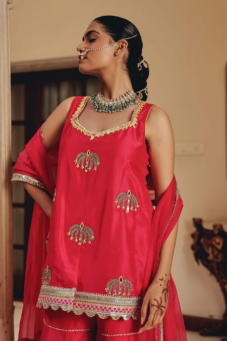 Shop Ajiesh Oberoi Pink Silk, Organza Embroidery, Mirrors, Tassels, Rani Bahaar Glam Gharara Set Online at Aza Fashions Shop_Ajiesh Oberoi_Pink Silk, Organza Embroidery, Mirrors, Tassels, Rani Bahaar Glam Gharara Set _Online_at_Aza_Fashions