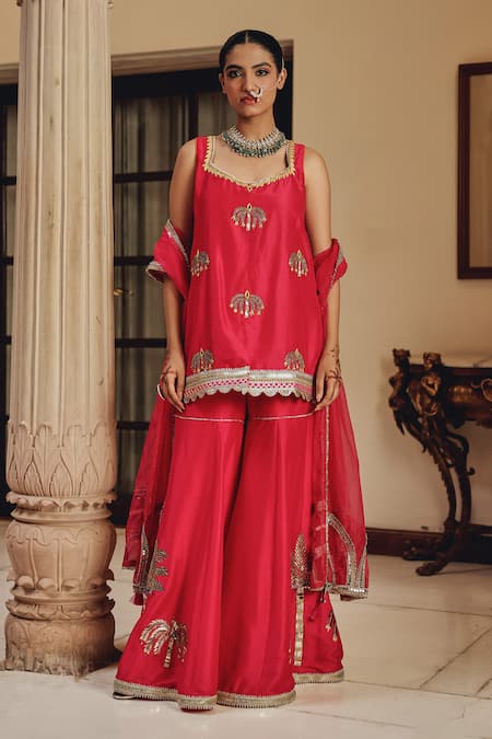 Ajiesh Oberoi Pink Silk, Organza Embroidery, Mirrors, Tassels, Rani Bahaar Glam Gharara Set at Aza Fashions Ajiesh Oberoi_Pink Silk, Organza Embroidery, Mirrors, Tassels, Rani Bahaar Glam Gharara Set _at_Aza_Fashions