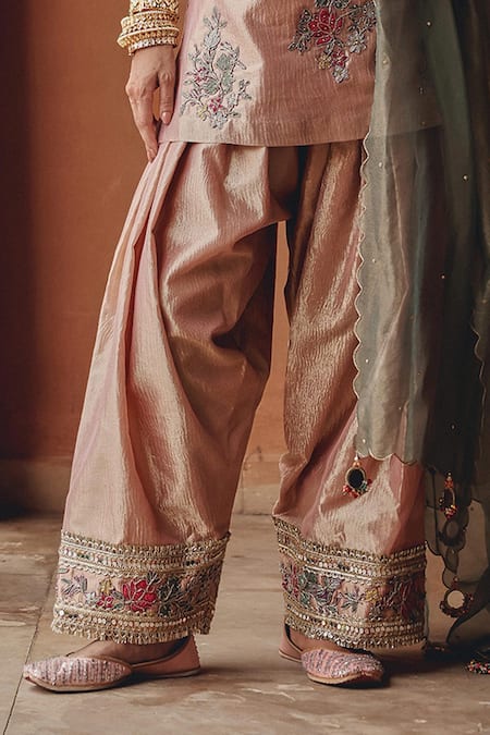 Ajiesh Oberoi_Rose Gold Tissue, Organza Embroidery, Mirrors, Blush Bloom Kurta Salwar Set _Online_at_Aza_Fashions