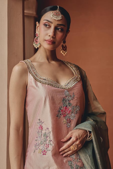 Buy_Ajiesh Oberoi_Rose Gold Tissue, Organza Embroidery, Mirrors, Blush Bloom Kurta Salwar Set _Online_at_Aza_Fashions