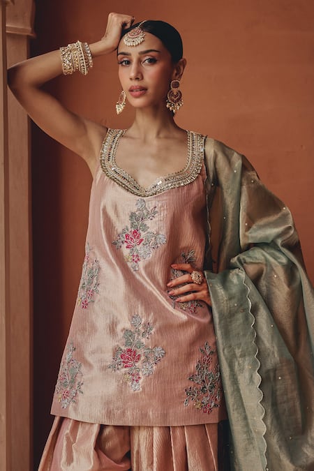 Ajiesh Oberoi_Rose Gold Tissue, Organza Embroidery, Mirrors, Blush Bloom Kurta Salwar Set _at_Aza_Fashions